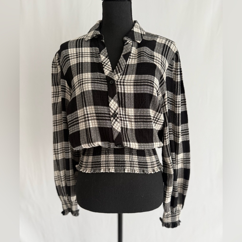 1. State Black & lvory Plaid Smocked Waist Blouse Cropped Button Front - Picture 3 of 14